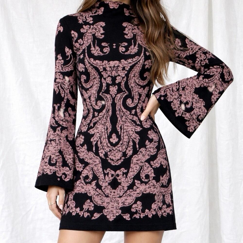 Free People Mini Dress Small Petite Black Pink Paisley Boho Bell Sleeve